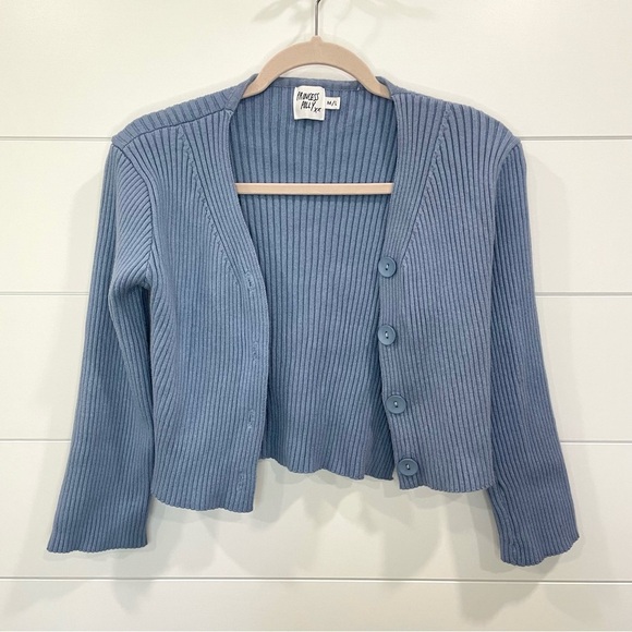 Princess Polly Cropped Ribbed Wool Blend Cardigan Sweater Blue M/L - Picture 1 of 7